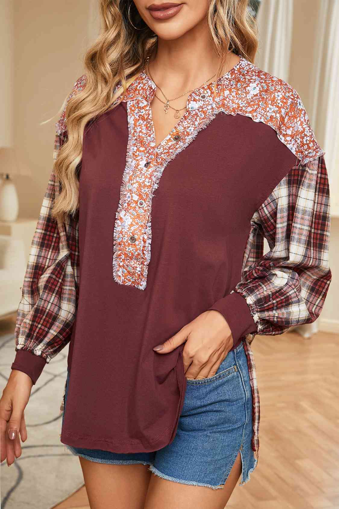 Plaid Notched Neck Slit Blouse