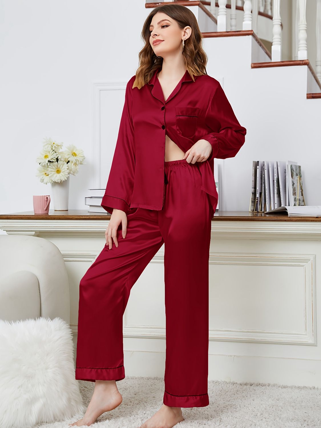 Lapel Collar Long Sleeve Top and Pants Pajama Set