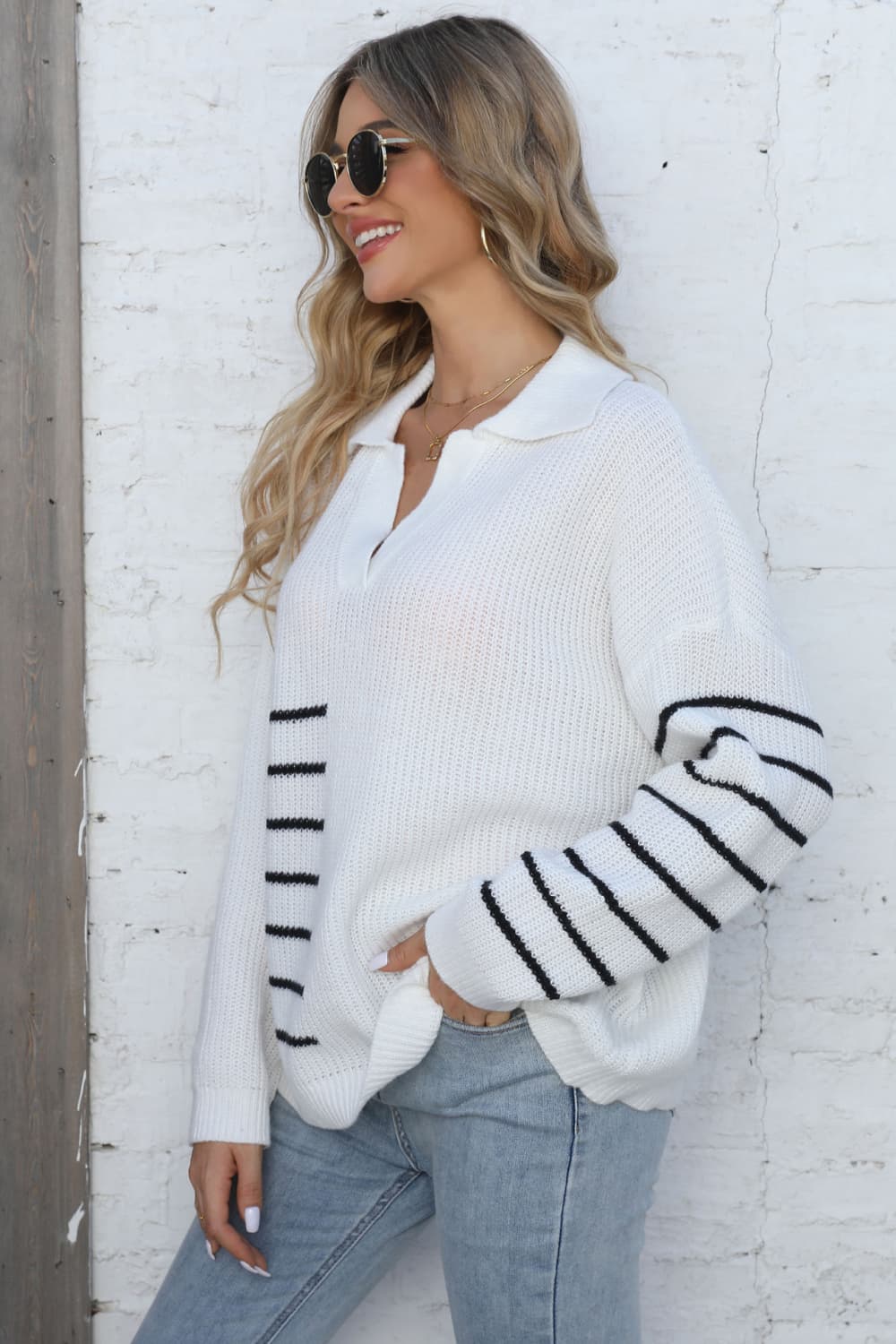 Ribbed Notched Neck Striped Long Sleeve Sweater