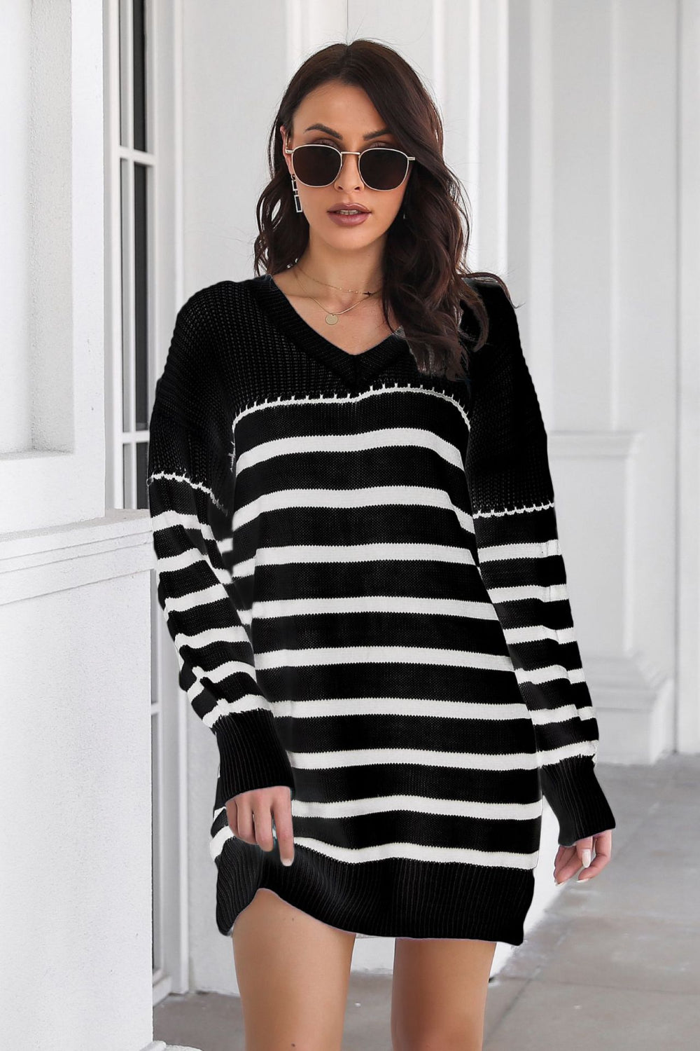 Striped V-Neck Drop Shulder Sweater Dress