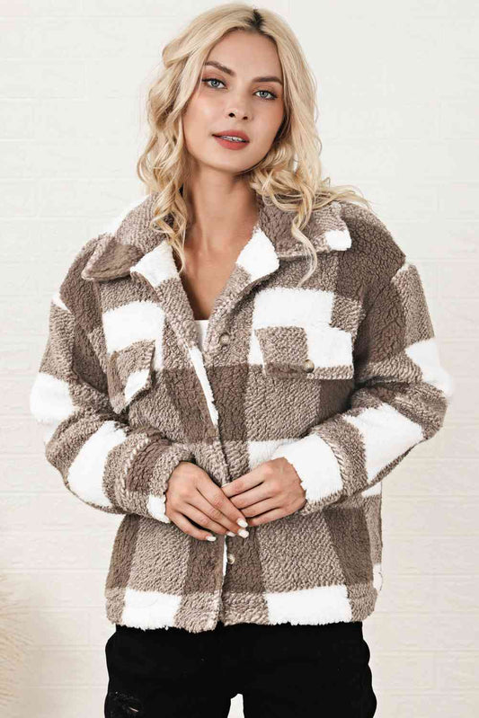 Plaid Collared Neck Drop Shoulder Jacket