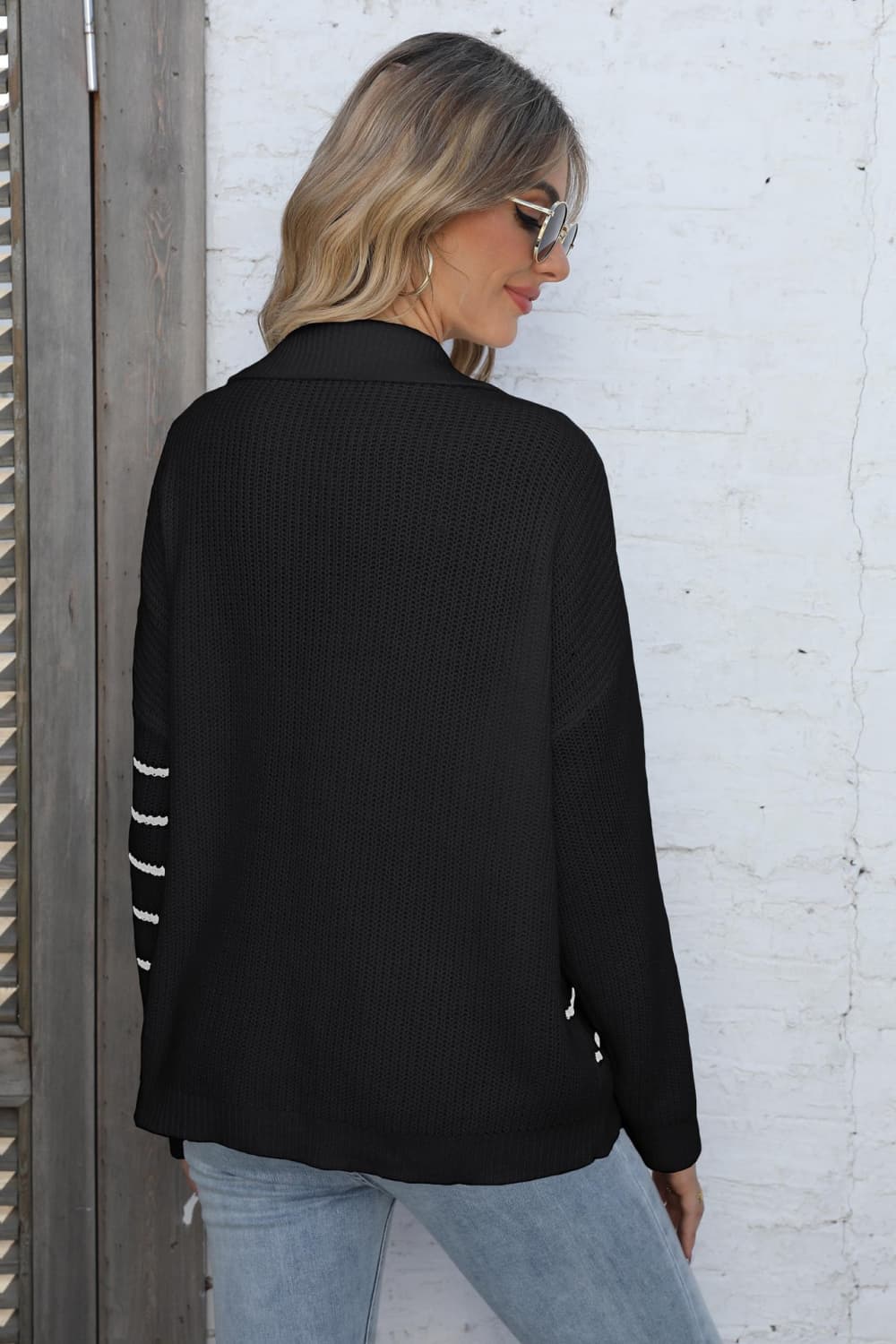 Ribbed Notched Neck Striped Long Sleeve Sweater